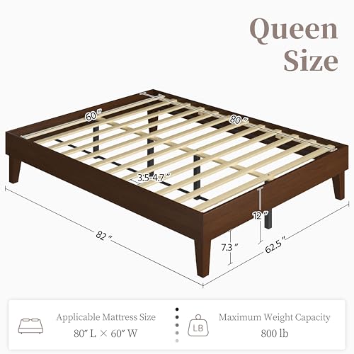 Yaheetech Queen Bed Frame Natural Solid Wood Platform Bed with Wooden Slats Support, 7.3-inch Underbed Space for Storage, Noise-Free Design, Easy Assembly, Dark Walnut Finish Yaheetech