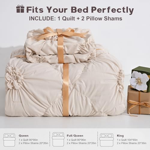 Uspring Quilts Queen Size Elegant Flower Bedding Set with 2 Pillow Shams, Lightweight Soft Quilted Bedspreads Cozy Stylish Floral Bedding Comforter Sets for All Season (Khaki, 90'' x 90'') Uspring
