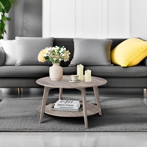 VASAGLE MAEZO Collection - Round Coffee Table, 2-Tier Center Table with Storage, Tapered Legs, Curved Transitions, 31.5 Dia. x 17.7 H Inches, Easy Assembly, for Living Room, Heather Greige ULCT243K02 VASAGLE