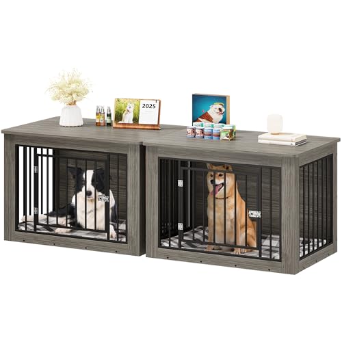 YITAHOME 76 Inch Double Dog Crate Furniture, XXL Dog Crate Furniture for 2 Dogs, Side End Table, Waterproof Top, Safety Corners, 2-in-1 Iron-Wood Fusion Dog Kennel Furniture for 2 Large Dogs,Greige YITAHOME