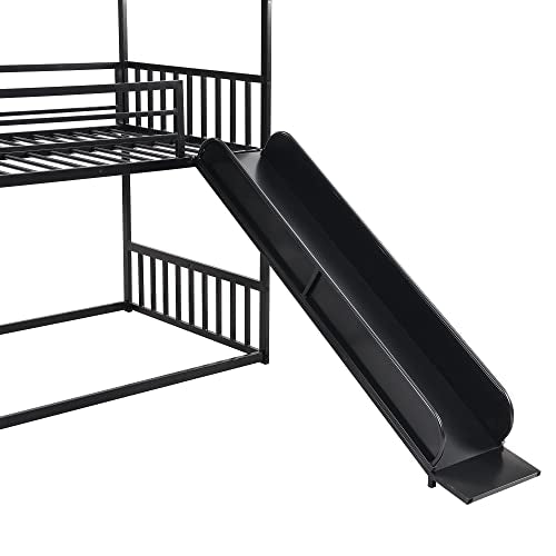 Twin Over Twin Bunk Bed with Slide and Storage Stairs, Heavy Duty Bunk Bed/House Bunk Bed Twin Over Twin, Twin Floor Bunk Beds for Kids, Girls, Boys(Twin Over Twin Black) Bellemave