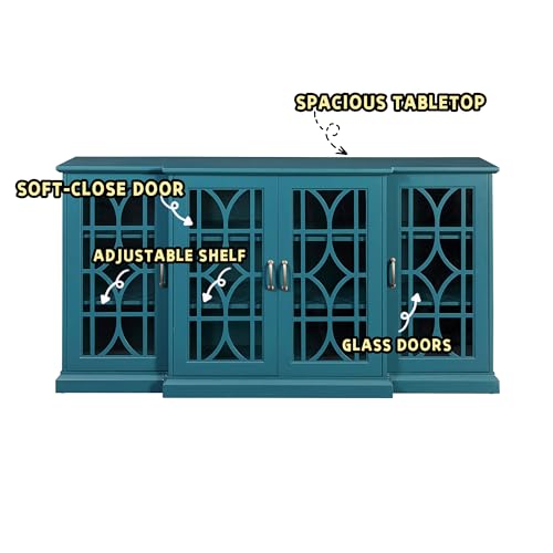 SUPPNEED 63” TV Stand, Storage Buffet Cabinet, Sideboard with Glass Door and Adjustable Shelves, Console Table for Dining Living Room Cupboard, Teal Blue SUPPNEED