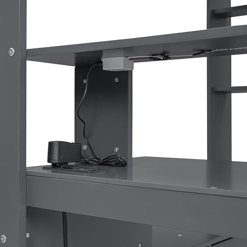 Brabrety Dark Gray Full Size Gaming Loft Bed with Desk, LED Lights and Storage Solutions Brabrety