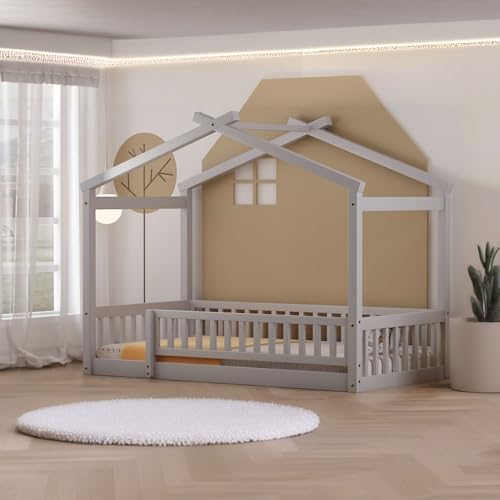 NicBex Gray Wood Family-Friendly Canopy Loft Bed Frame for Queens NicBex