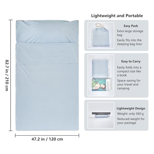 RHINSBENF Sleeping Bag Liner Camping Adult Sleep Sack Lightweight Travel Sheet for Hotel Bed Compact Ultralight Essential Cleaning Supplies Kit Travel Bedding Set for Backpacking (Blue & Single) RHINSBENF