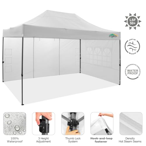 COBIZI 10x15 Pop Up Canopy with 4 Sidewall,Heavy Duty Canopy UPF 50+ All Season Wind Waterproof Commercial Outdoor Wedding Party Tents for Parties Gazebo with Carry Bag(10 x 15 ft White) COBIZI