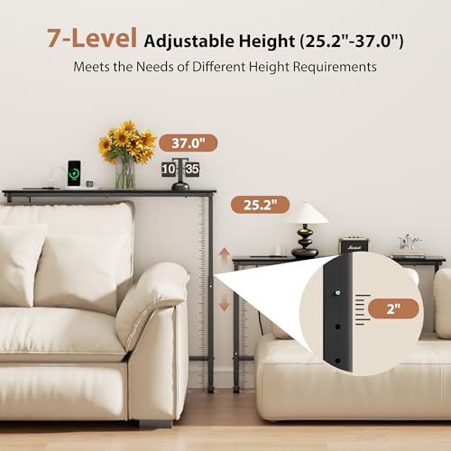 GRLEAF 39" Adjustable Height Narrow Console Table with Power Outlets, Long Sofa Table with Charging Station Behind Couch Table Skinny Entryway Table for Living Room, Hallway and Office – Black GRLEAF
