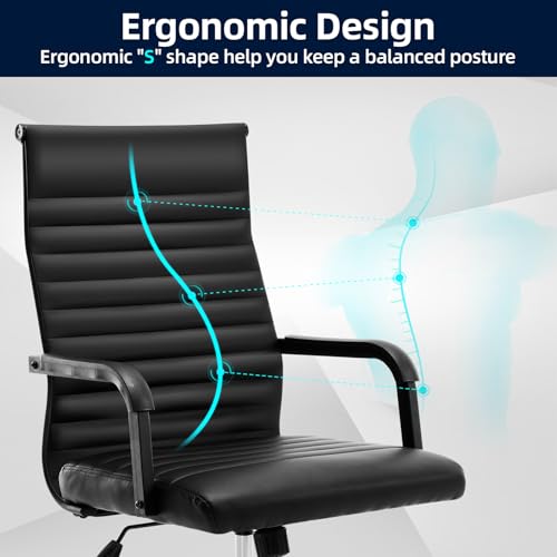 Haranuo Office Chair, Ergonomic Executive Conference Room Chairs, Ribbed Leather Desk Chair with Lumbar Support, Adjustable Height Mid-Back Swivel Chair with Padded Seat and Square Tube Armrests Haranuo