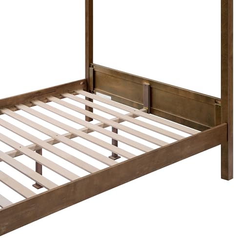Christopher Knight Home Darnel Wooden Canopy Bed Frame Queen Size with Headboard, 4 Poster Platform Queen Bed Frame, Strong Wood Slat Mattress Support, No Box Spring Needed, Antique Natural