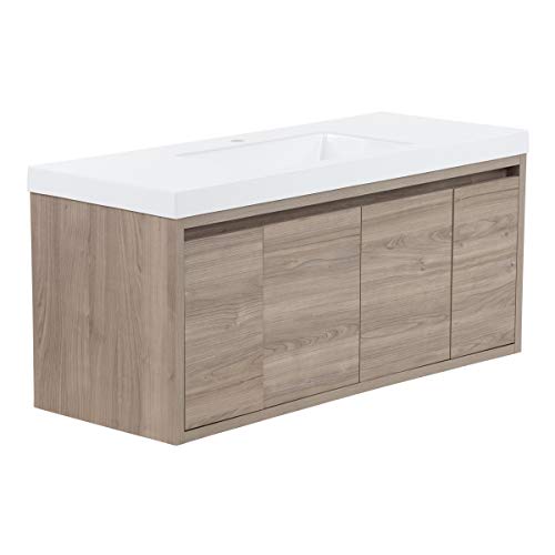 Spring Mill Cabinets Kelby 48 Inch Modern Floating Bathroom Vanity with White Single Sink Top, 2-Door Cabinet, 2 Soft-Close Drawers, 48.5" W x 18.75" D x 22.25" H, Forest Elm Spring Mill Cabinets