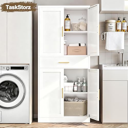 TaskStorz 71" Tall Kitchen Pantry Cabinet, Metal Kitchen Pantry Storage Cabinet with Drawer and 2 Adjustable Shelves, Freestanding Pantry Cupboard for Living, Dining Room, White TaskStorz