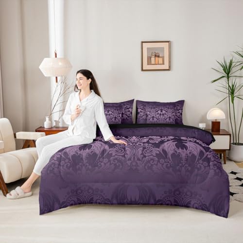 Feelyou Adults Gothic Damask Print Bedding Set Purple Goth Bat Victorian Floral Comforter Set 7 Pieces Comforters Full Size Boho Bohemian Exotic Bed in a Bag Feelyou