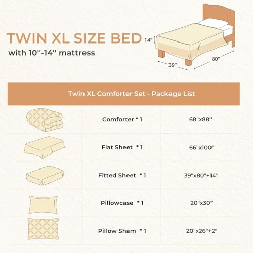 Sasttie Twin XL Comforter Set, 5-Piece Bed in a Bag, Pintuck Bedding Sets for All Season, Includes Comforter, Flat Sheet, Fitted Sheet, Pillowcase and Pillowsham, Beige Sasttie