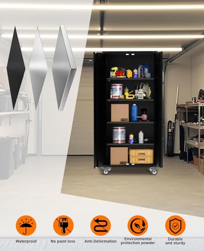 72 in Tall Garage Storage Cabinet – 600 LB Capacity Metal Tool Cabinet with Magnetic Lock, 4 Adjustable Shelves & Wheels, Heavy-Duty Steel Storage for Workshop, Home & Office Garvee