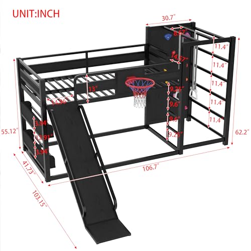 Bellemave Twin Size Bunk Bed with Basketball Hoop, Pull-up Rings and Climbing Wall, Twin Bunk Bed with Slide and Bookcase, Heavy Duty Bunk Beds with Guardrail, Black Bellemave