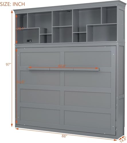MERITLINE Queen Horizontal Murphy Bed Cabinet with Storage Bookcase Shelves and Charging Station,Wood Folding Grey Murphy Wall Bed for Adult (Grey,Queen) MERITLINE