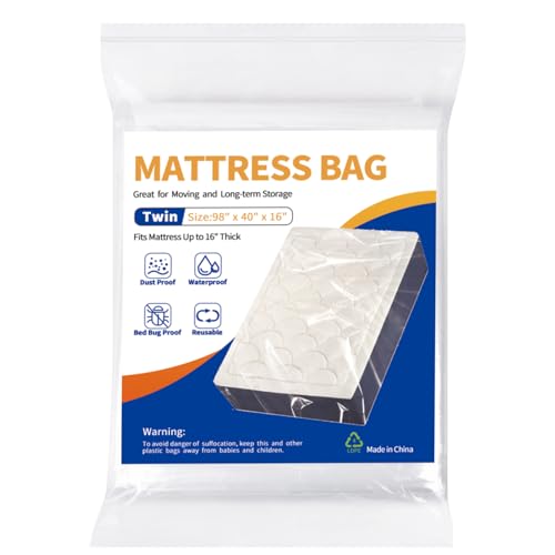Mattress Bag for Moving Storage - Plastic Waterproof Mattress Protector Cover,Heavy-Duty Mattress Moving Supplies (1, Twin) CZXNBI