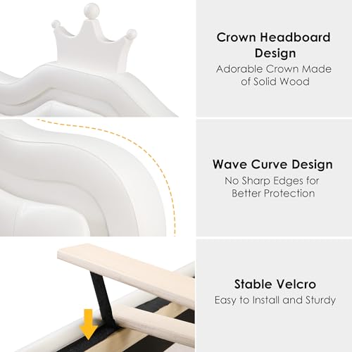 Keyluv Twin Upholstered LED Storage Bed Frame with Adjustable Crystal Crown Headboard in White Keyluv