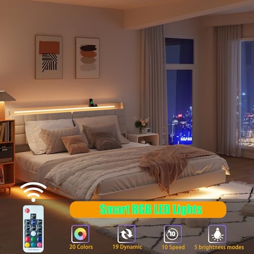 USHOW Floating Bed Frame King Size with Storage Headboard, Upholstered Bed Frame with LED Lights and Charging Station, No Box Spring Needed, Beige USHOW