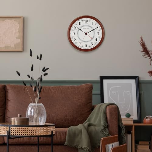 Bulova Daily Wall Clock, Model C4804 | Brown Cherry Finish | Modern Design | Large Easy-to-Read Numerals | Quartz Movement | Battery Operated Bulova