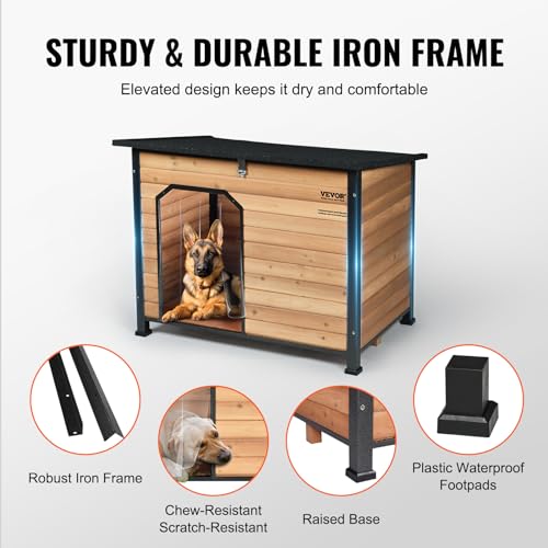 VEVOR Outdoor Dog House, Waterproof Insulated Dog House with Elevated Floor, Anti-Bite Wood Dog House Outdoor Iron Frame, Open Roof, for Medium to Large Dogs VEVOR