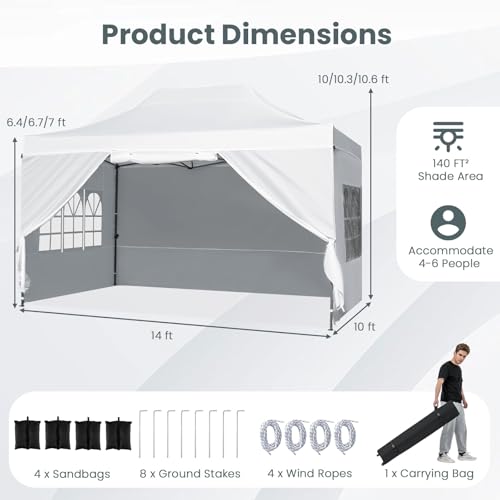 Tangkula 10x14 FT Pop Up Canopy, Outdoor Tent with 4 Sidewalls, Roll-up Door, Wheeled Bag, 4 Sandbags, 8 Stakes, 4 Wind Ropes, Portable Canopy Tent for Beach Party Event Camping (White) Tangkula