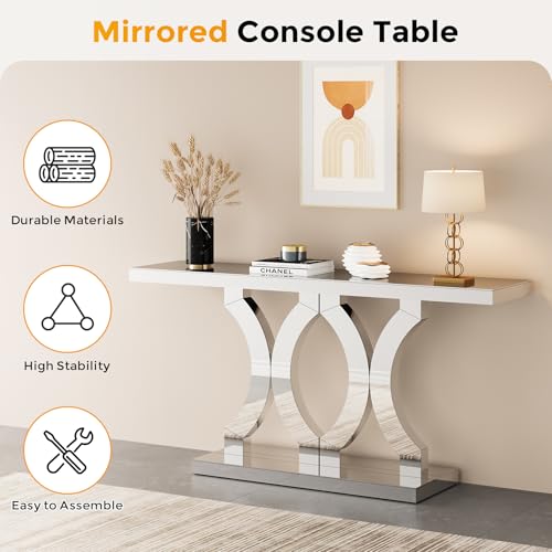 Condemo 55 Inches Mirrored Console Table, Entryway Table with Geometric Base, Modern Sofa Table Behind Couch for Living Room, Accent Table for Hallway, Foyer, Entrance (Silver Mirror) Condemo