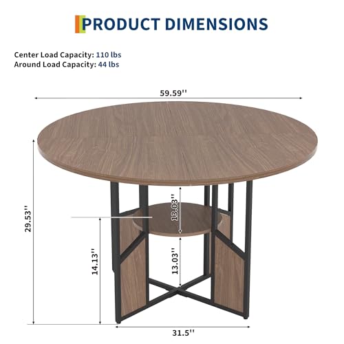 IDEALHOUSE 47 Inch Round Dining Table for 4-6 Person, Farmhouse Kitchen Table with Storage Shelf, Wood Circle Breakfast Nook Set with Metal Base for Small Space, Apartment, Dining Room, Walnut IDEALHOUSE