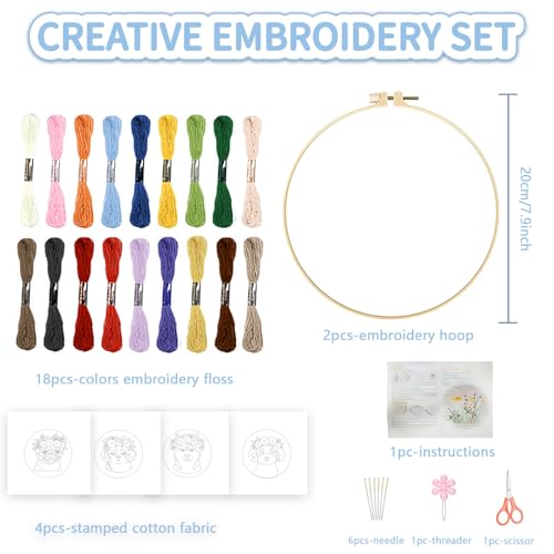 FREEBLOSS 4 Set Embroidery Kit Dog and Flower Stamped Embroidery Starter Kit with Step By Step Instructions, Colored Threads, 2 Hoops, Needlepoint Kits for Hand Craft Lovers Gift, 30cm/11.8inch