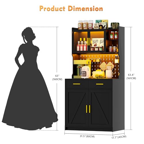 Gurexl 64" Farmhouse Kitchen Pantry with Auto Sensor LED,Storage Cabinets with 2 Outlets for Microwave & USB-C Ports,Hutch Cabinet with Pegboard,2 Cabinet,2 Drawers,1 Large Countertop Gurexl