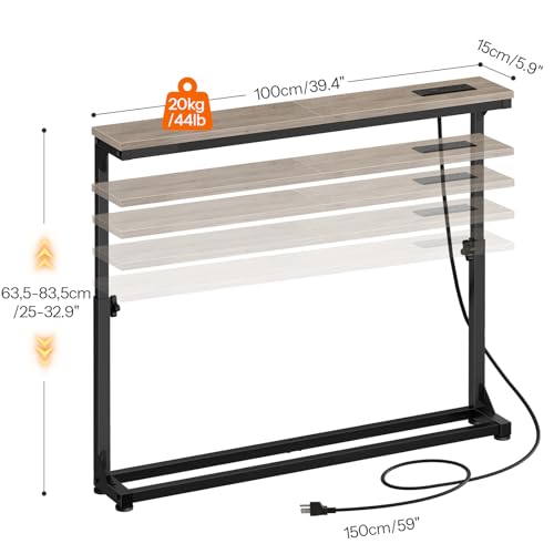 HOOBRO Narrow Console Table with Charging Station, Adjustable Height Sofa Table (25''-32.9''), Slim Behind Couch Table for Small Spaces, Entryway, Living Room, 39.4" Greige BG95UXG01 HOOBRO