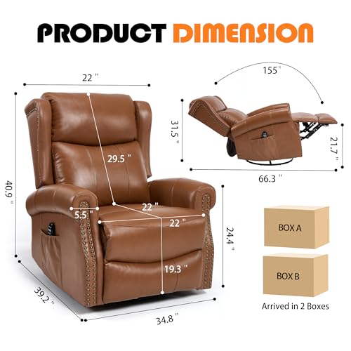 Genuine Leather Recliner Chair for Adults, Manual Swivel Rocker Glider Rocking Chair with Vibration Massage Lumbar Heat for Nursery, Rivet Design Single Sofa Chair for Living Room - Brown