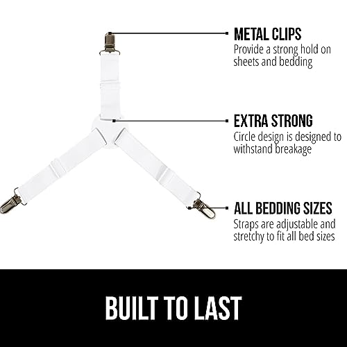 GORILLA GRIP Patent Pending Bed Sheet Holders, Adjustable Elastic Fasteners with Metal Clips, Keep in Place Fitted Bedding Straps, Firm Tight Suspenders for Mattress, US Designed, 4 Pack White GORILLA GRIP