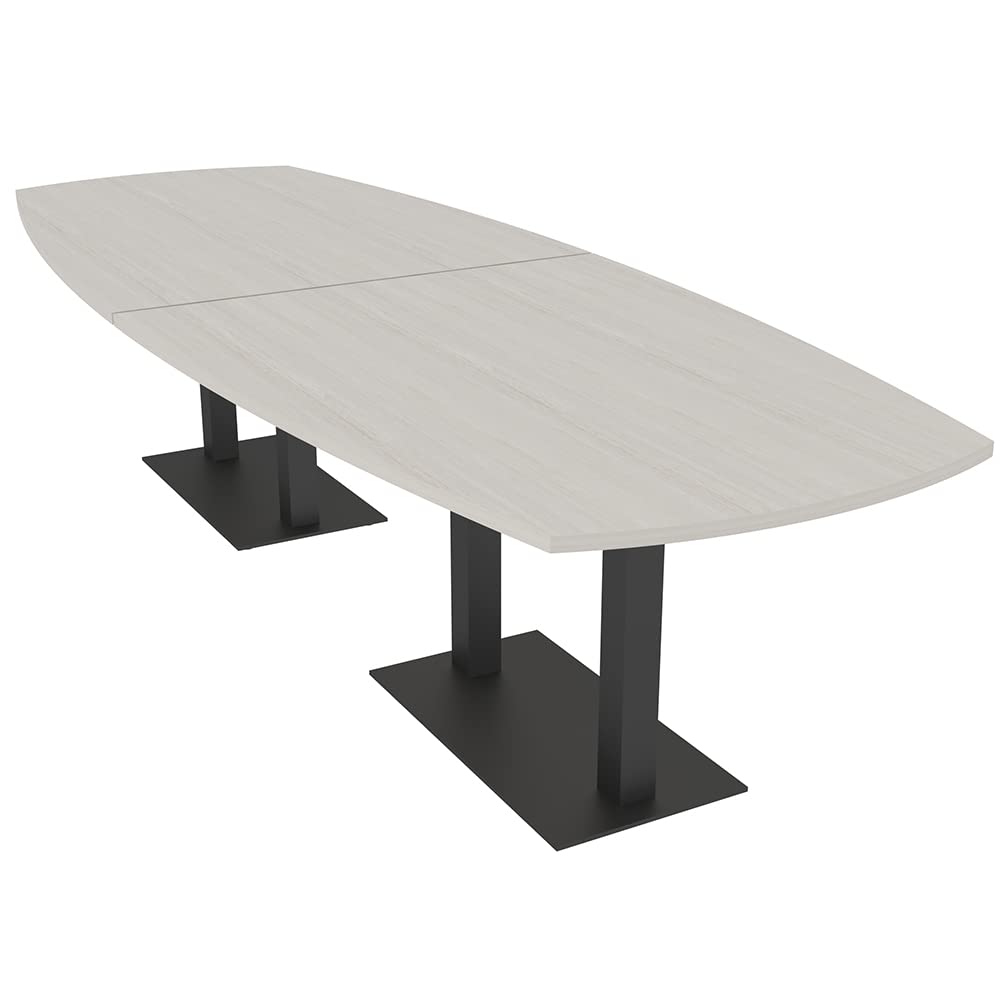 Harmony Series 12 Person Arc Boat Shaped Modular Conference Table with Matte Black Square Metal Bases & White Cypress Finish | Scratch-Resistant Laminate | Lakeland Salt -12ft SKUTCHI DESIGNS INC.