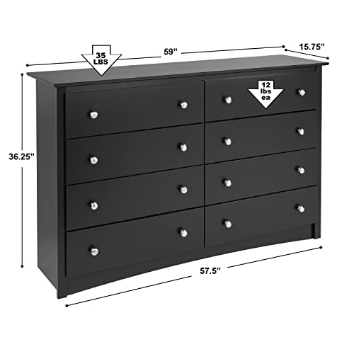 Prepac Sonoma 8 Drawer Double Dresser for Bedroom, 15.75" D x 59" W x 36.25" H, Black Prepac
