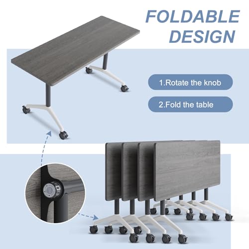 Modular Conference Table 4PCS, Folding Conference Room Tables on Wheels Grey 63in, Modern Rectangular Training Table for Office Meeting, Rolling Seminar Tables for 4-12 JNMDLAKO