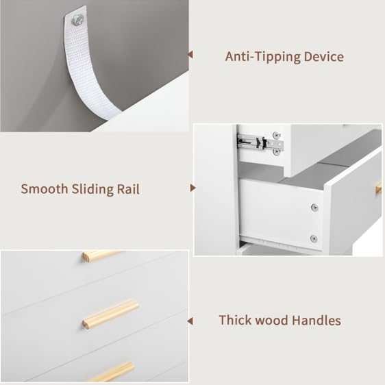 Aenlv White Dresser for Bedroom with 5 Drawers, Chest of Drawers with LED Lights, Wood Bedroom Dresser, Large Capacity Storage Cabinet for Nursery, Kids Room, Entryway Aenlv