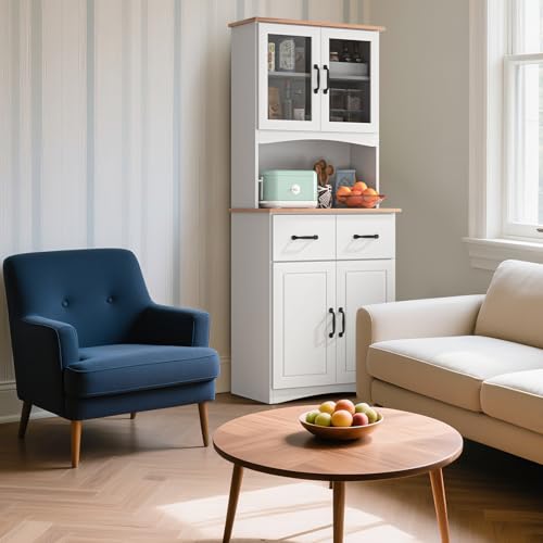 GORZING 67" Kitchen Pantry Cabinet with Glass Doors & Drawers, Adjustable Shelves, Anti-Tip, Space-Saving Microwave Stand for Small Kitchens GORZING