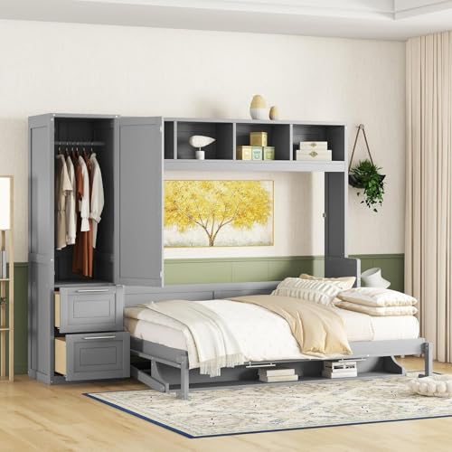 Virubi Queen Horizontal Murphy Bed with Storage Wardrobe Closet,2 Drawer,4 Storage Shelves,Wood Folding Murphy Wall Bed Cabinet for Adult (Grey,Queen) Virubi