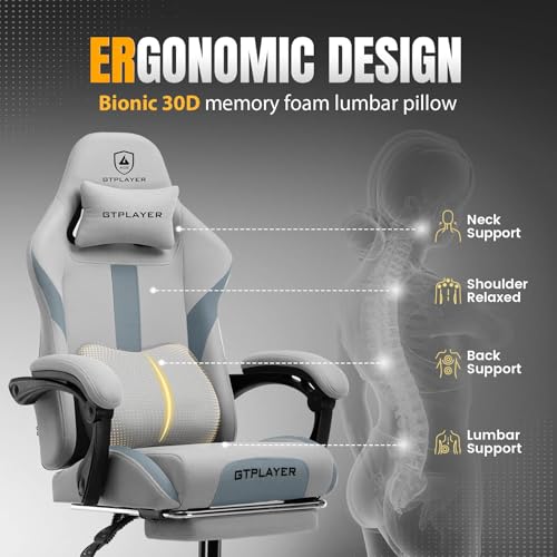 GTPLAYER Gaming Chair with Foot Rest & Pocket Spring Cushion, Ergonomic High Back Computer Desk Chair with Headrest & Lumbar Support for Back Pain Relief, Breathable Fabric, Moon Gray GTPLAYER