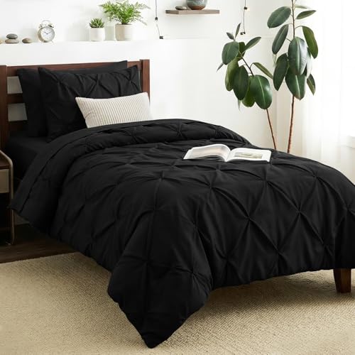 CozyLux Twin Comforter Set with Sheets Black, 5 Pieces Pintuck Bed in A Bag, Twin Bed Set Gift for Family, Pinch Pleat Bedding Set with Comforter, Sheets, Pillowcase & Sham CozyLux