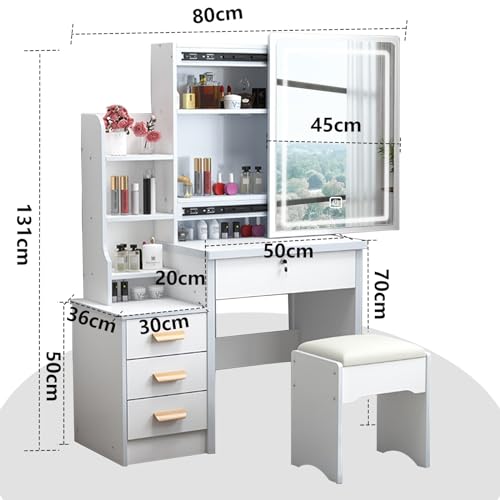 MONGMON Vanity Desk with Mirror and Lights, 3 Lighting Modes, European Style Dressing Table with Drawers, with Open Storage Shelves,Makeup Vanity Table for Bedroom,Gifts for Girls and Women, White MONGMON