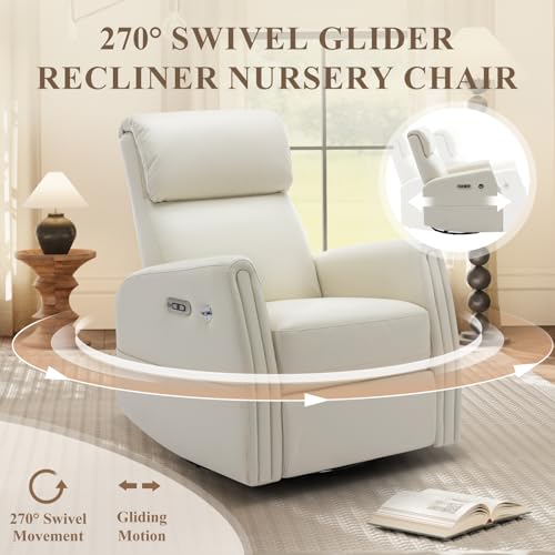 COLAMY Modern Electric Power Swivel Recliner Chair, Beige Leather, 270 Swivel 145 Recline, Built-in Charging Ports, Adult Relaxing Chair COLAMY