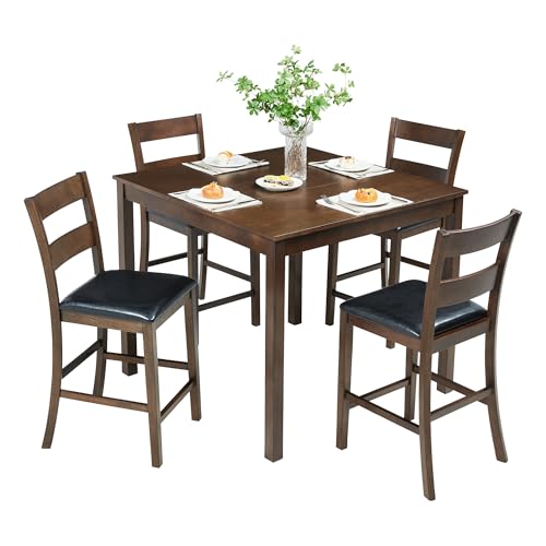 AMERLIFE Solid Wood 5-Piece Dining Table Set, Mid Century Modern Dining Set W/ 4 Chairs, Chairs with Curved Backrests & PU Cushioned, Space Saving, Black/Walnut AMERLIFE
