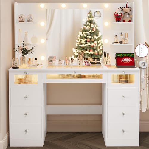 VQRhome White Vanity with Lighted 23.5” Mirror, Glass Top Vanity Desk with 9 Drawers & 3 Color Hollywood Bulbs & 4 Shelves & Acrylic & Power Outlet, Makeup Desk Dressing Table for Bedroom VQRhome