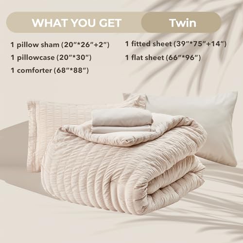 HYMOKEGE Beige Twin Comforter Set Seersucker 5 Pieces, All Season Luxury Bed in a Bag for Bedroom, Bedding Set with Comforters, Sheets, Pillowcase & Sham HYMOKEGE