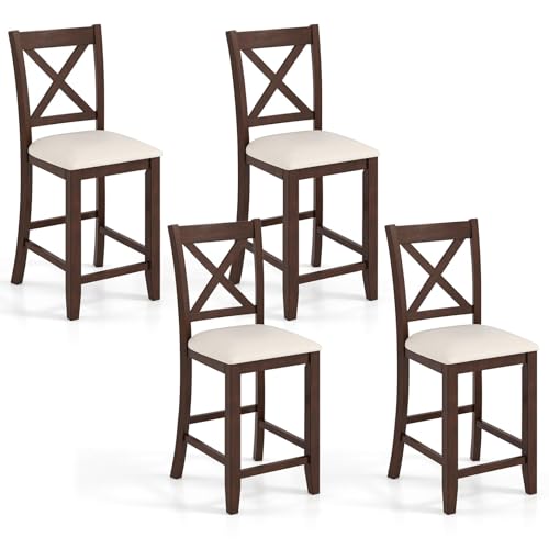Giantex 24" Bar Stools Set of 4, Farmhouse Counter Height Barstools w/Footrest, Cross Back, Comfortable Linen Cushion, Upholstered Wood Bar Chairs for Kitchen Island Dining Room Cafe, Walnut & Beige Giantex