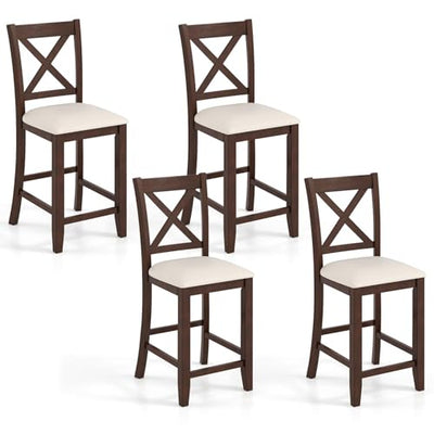 Giantex 24" Bar Stools Set of 4, Farmhouse Counter Height Barstools w/Footrest, Cross Back, Comfortable Linen Cushion, Upholstered Wood Bar Chairs for Kitchen Island Dining Room Cafe, Walnut & Beige