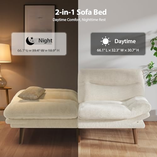 Pipishell Futon Sofa Bed, Modern 66" Futon Couch Convertible to Bed & Lounger, Compact Size, Corduroy Loveseat, Durable Construction - Fits Small Spaces, Apartments,Study Room (Beige White, 66 Inch) Pipishell