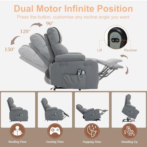 Power Lift Recliner Chair for Elderly, Electric Stand Assist Reclining Chair with Massage and Heat Function, Leather Living Room Furniture, Comfy Single Sofa with Cup Holders, Side Pockets, Gray BRTHORY